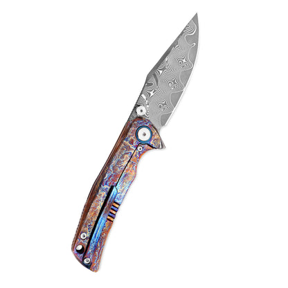 VORIXN ZircFlame KB028 knife open, pocket clip side displayed with Damascus blade angled 45 degrees upward.