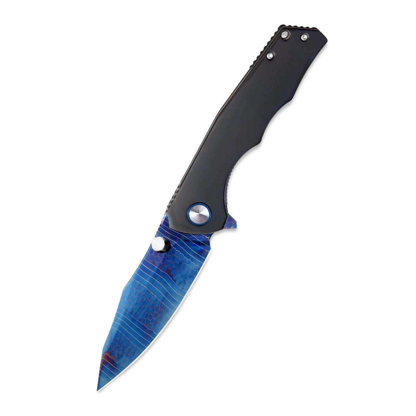 VORIXN Celestial Flame knife fully open, non-clip side view, patterned Damascus blade angled downward at 45 degrees