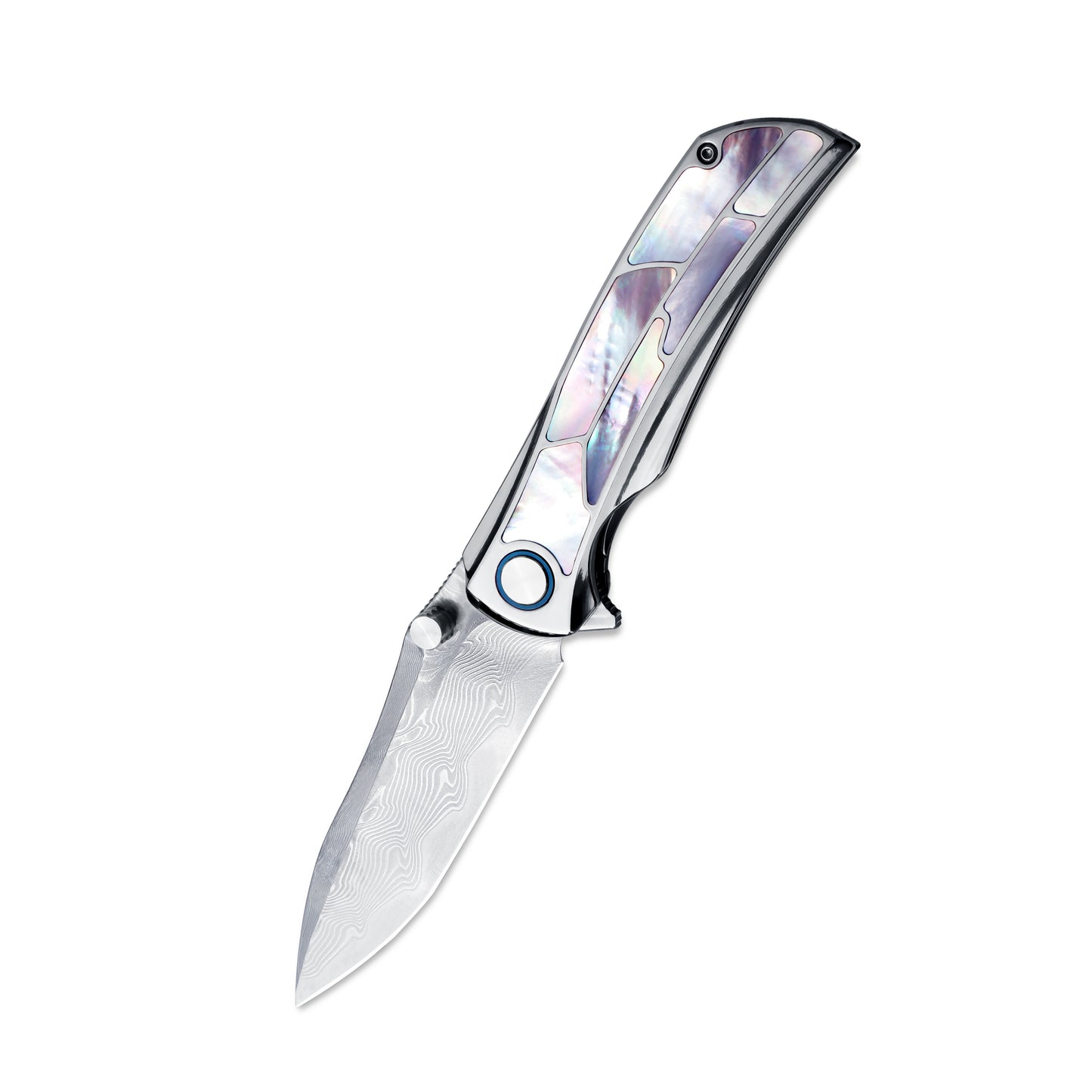 VORIXN Ocean Mirage Damascus folding knife, open view showing non-clip side with blade angled left-down