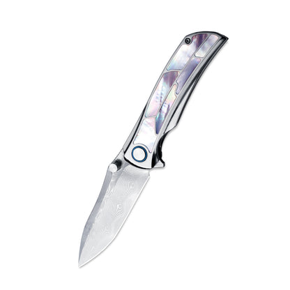 VORIXN Ocean Mirage Damascus folding knife, open view showing non-clip side with blade angled left-down