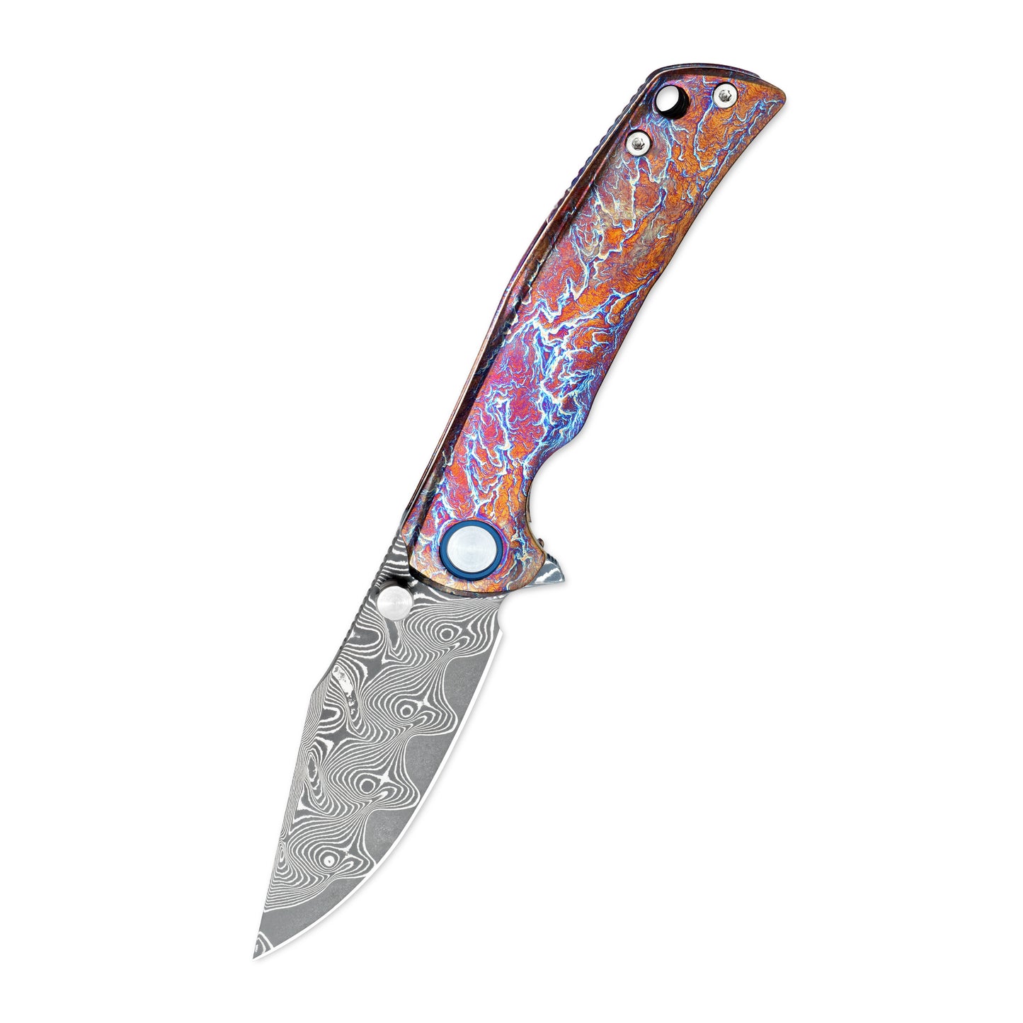 VORIXN ZircFlame KB028 knife open, non-clip side displayed with Damascus blade angled 45 degrees downward.