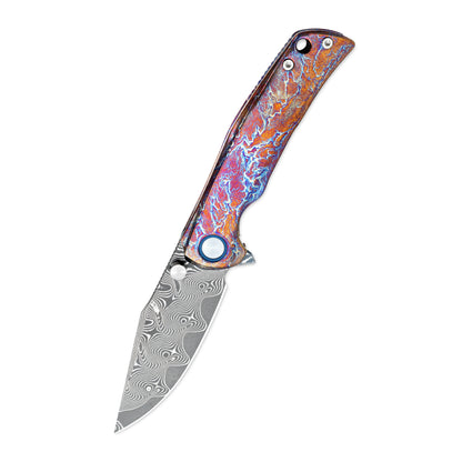 VORIXN ZircFlame KB028 knife open, non-clip side displayed with Damascus blade angled 45 degrees downward.
