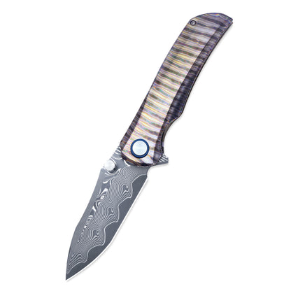 VORIXN "TitanFlame" Flipper & Thumb Stud Knife Hand-Flamed Damascus Titanium Handle (3.8" Damascus steel Blade) KB025