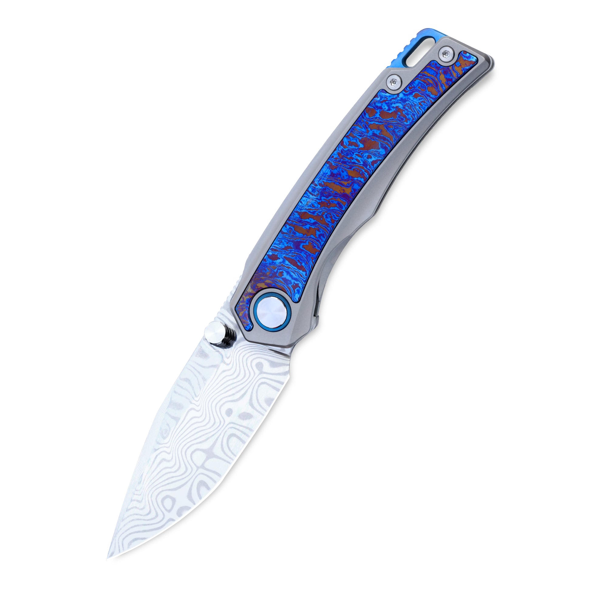 VORIXN Abyssal knife open, non-clip side, blade angled 45 degrees downward, VG10 blade with titanium flame handle