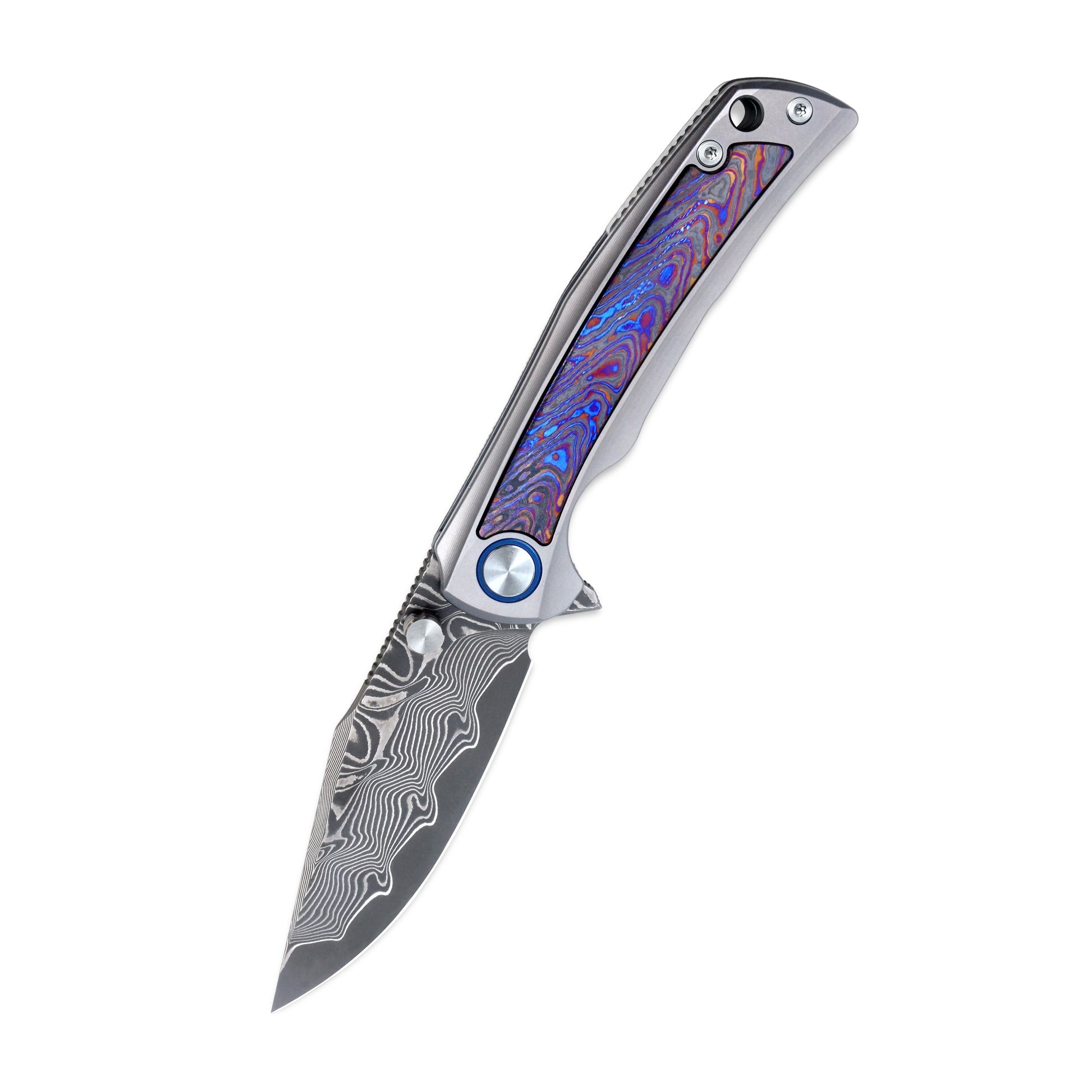 VORIXN Nebula folding knife open, non-clip side view with Damascus blade pointing downward, titanium handle with colorful zirconium inlay.
