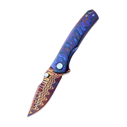 VORIXN TimsFlame folding knife open non-clip side with Damascus blade angled downward left