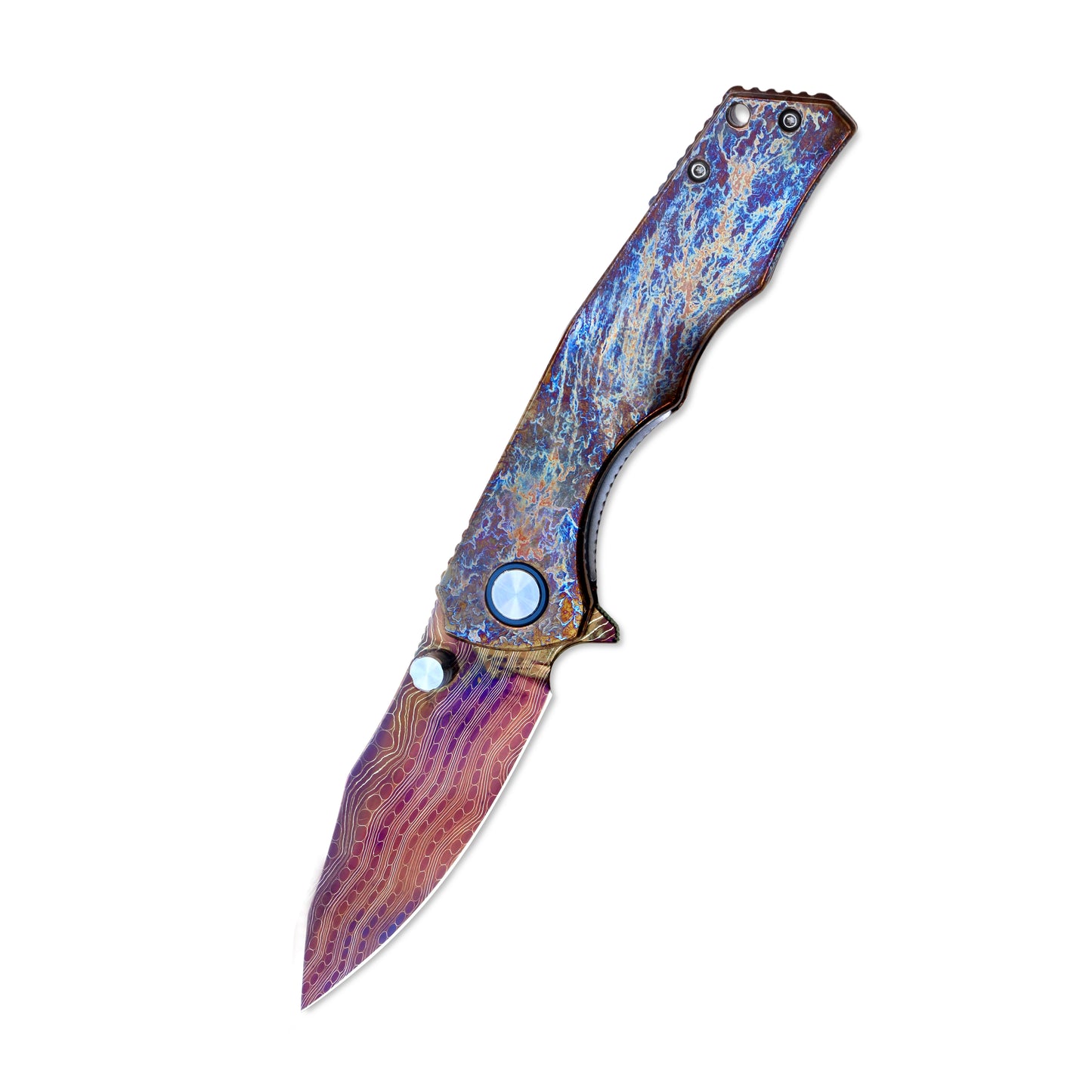 VORIXN ZircFlame KB021 knife open, non-clip view, blade angled 45° down left