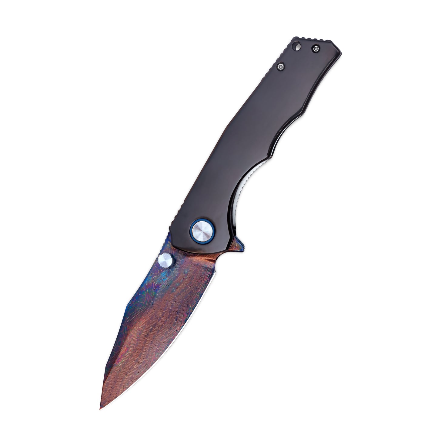 VORIXN Celestial Flame folding knife open, non-clip side, blade angled 45 degrees