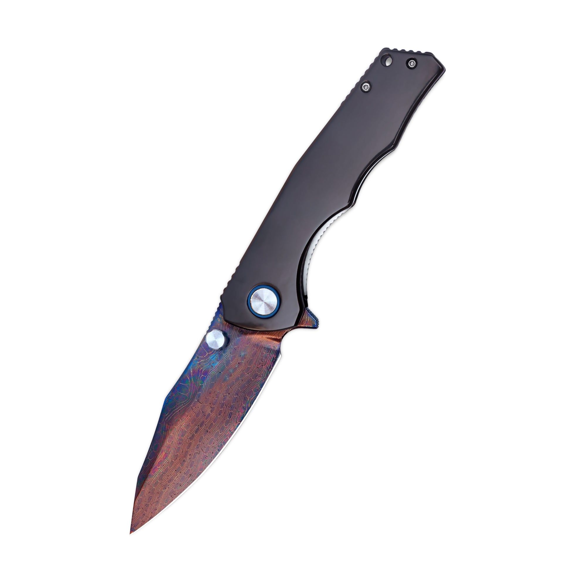VORIXN Celestial Flame folding knife open, non-clip side, blade angled 45 degrees