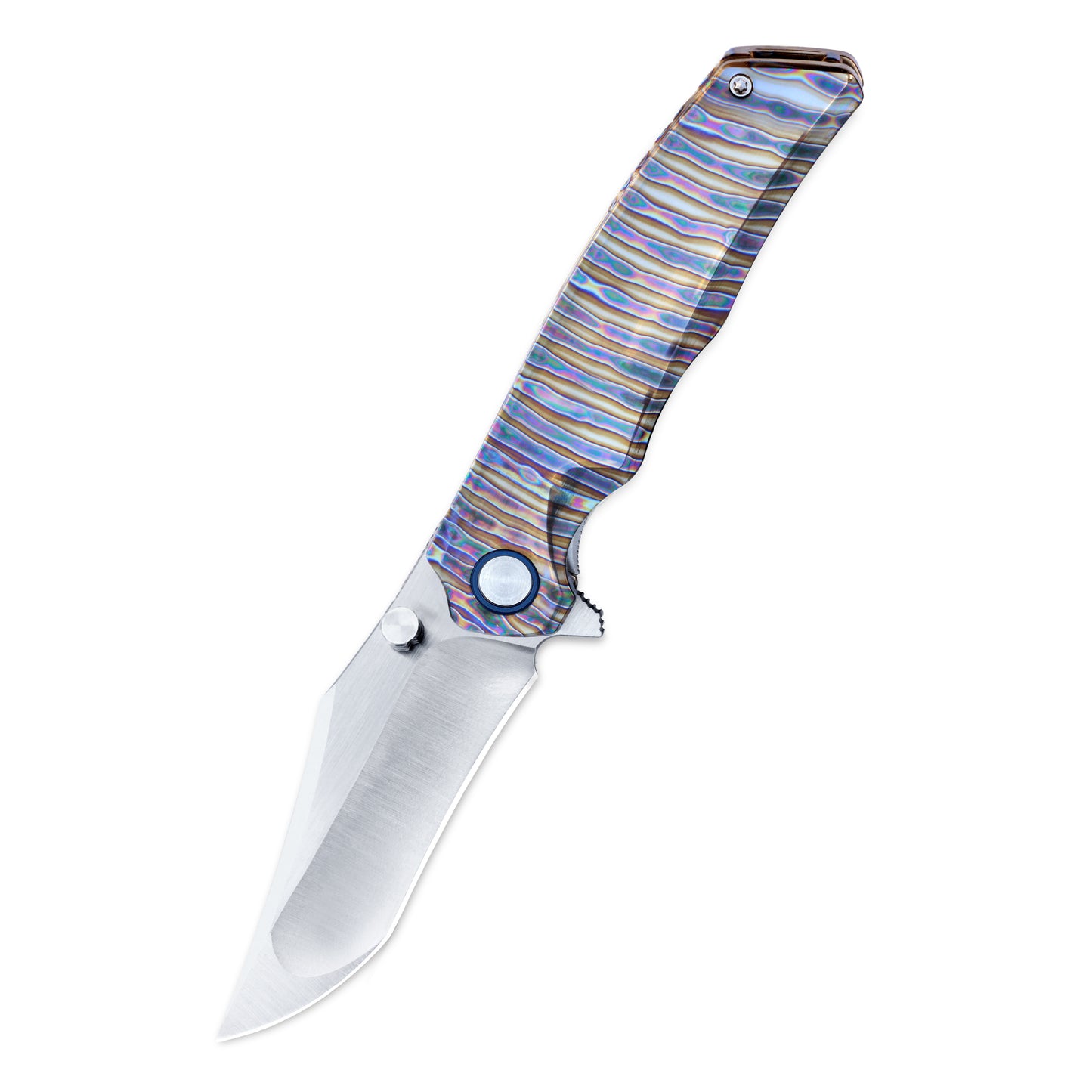 VORIXN KB035 folding knife open, non-clip side, blade angled 45 degrees downward