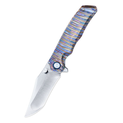 VORIXN KB035 folding knife open, non-clip side, blade angled 45 degrees downward