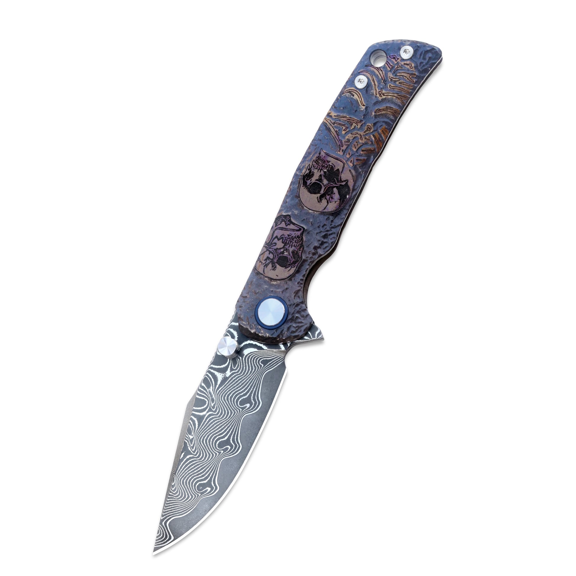 VORIXN KB026 folding knife open, non-pocket clip side, blade angled down 45 degrees