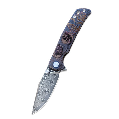 VORIXN KB026 folding knife open, non-pocket clip side, blade angled down 45 degrees