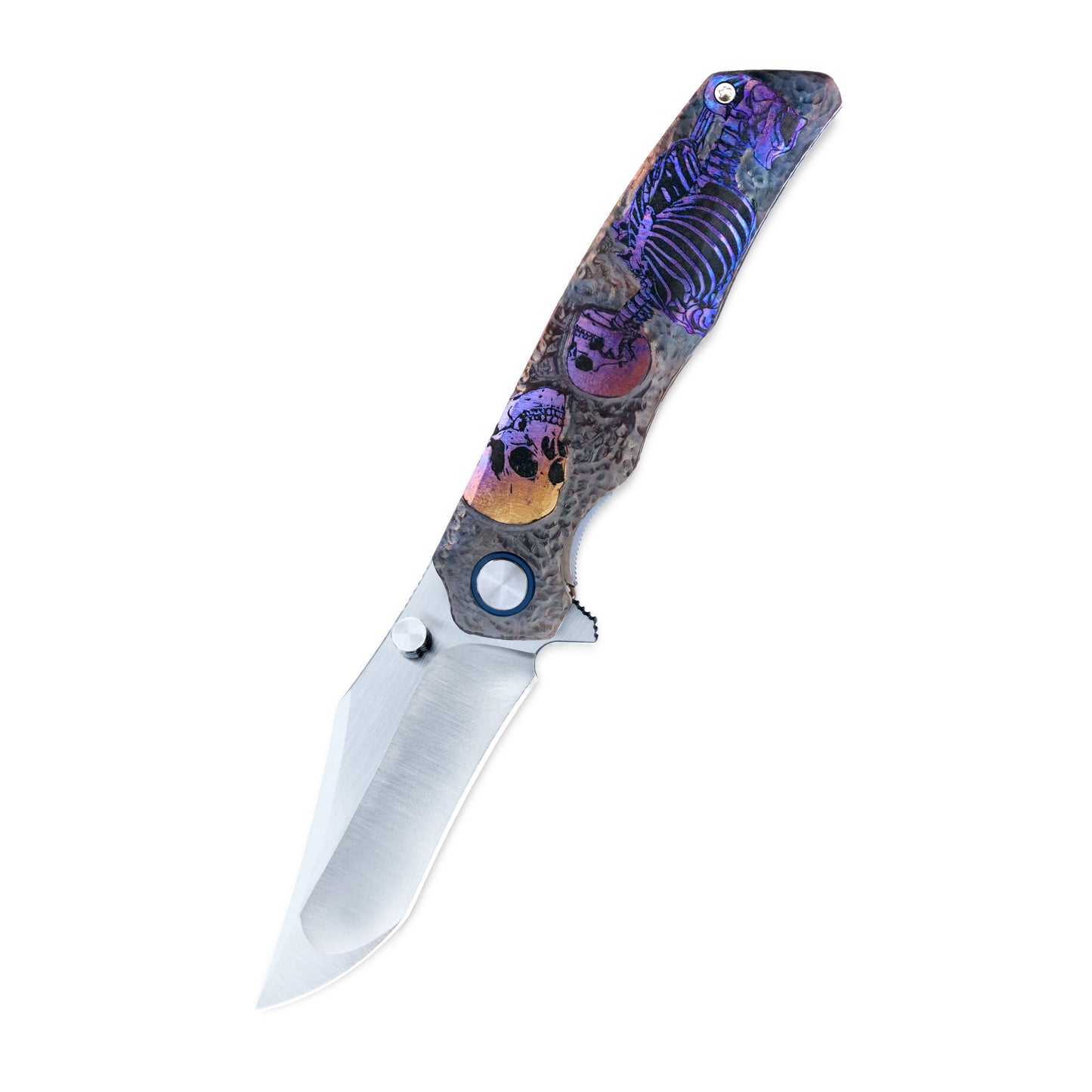 VORIXN Skull Titanium Knife open, non-clip side, blade angled 45 degrees downward
