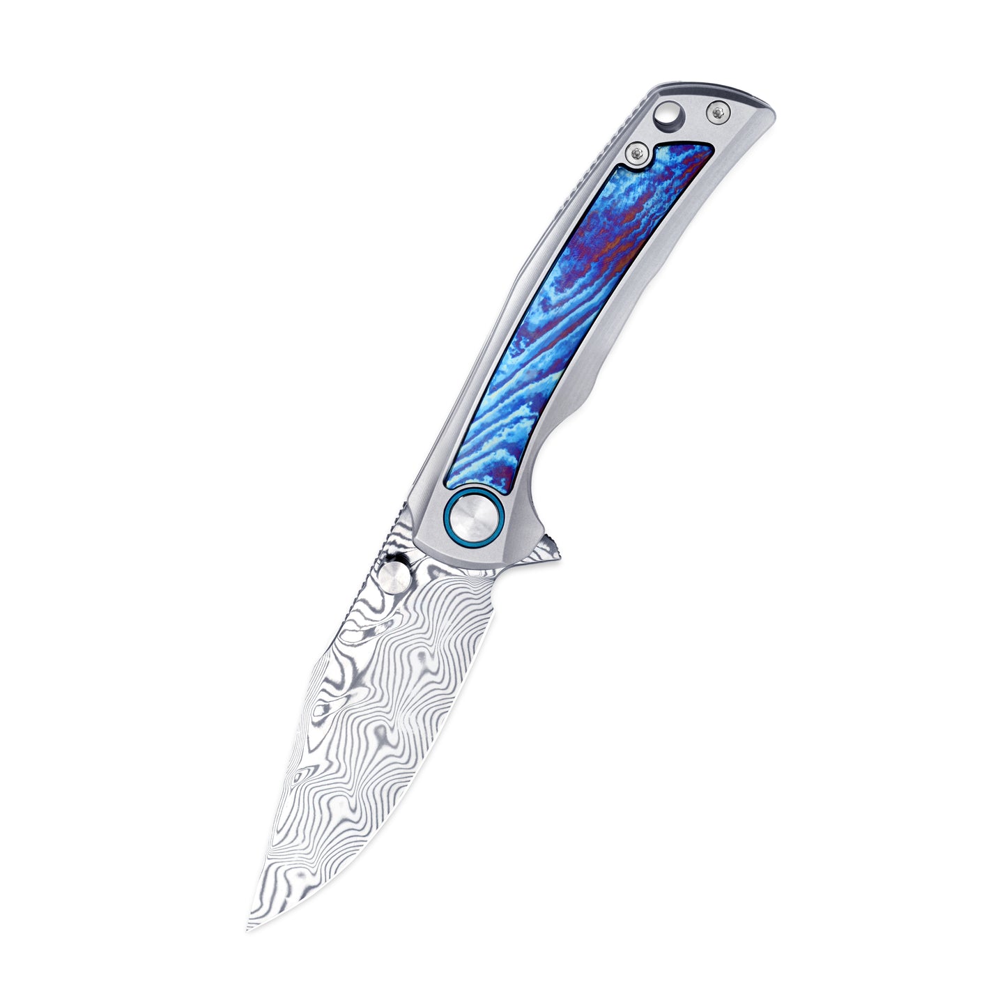 VORIXN Nebula folding knife open, non-clip side view with Damascus blade pointing downward and colorful hand-burned zirconium inlay.