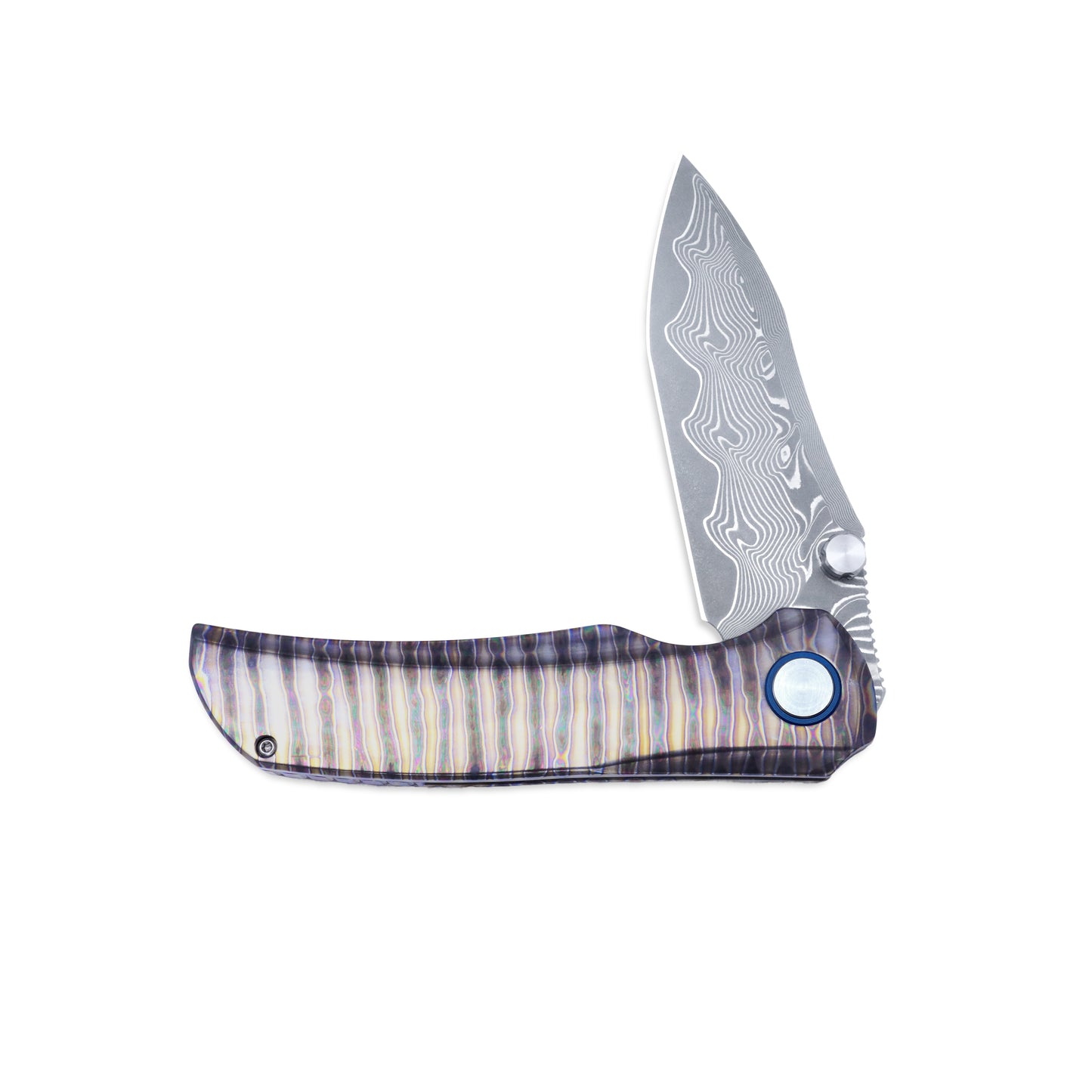 VORIXN "TitanFlame" Flipper & Thumb Stud Knife Hand-Flamed Damascus Titanium Handle (3.8" Damascus steel Blade) KB025