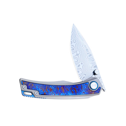 VORIXN Abyssal knife half-open, non-clip side, horizontal handle view, titanium flame handle with ZircuTi inlay