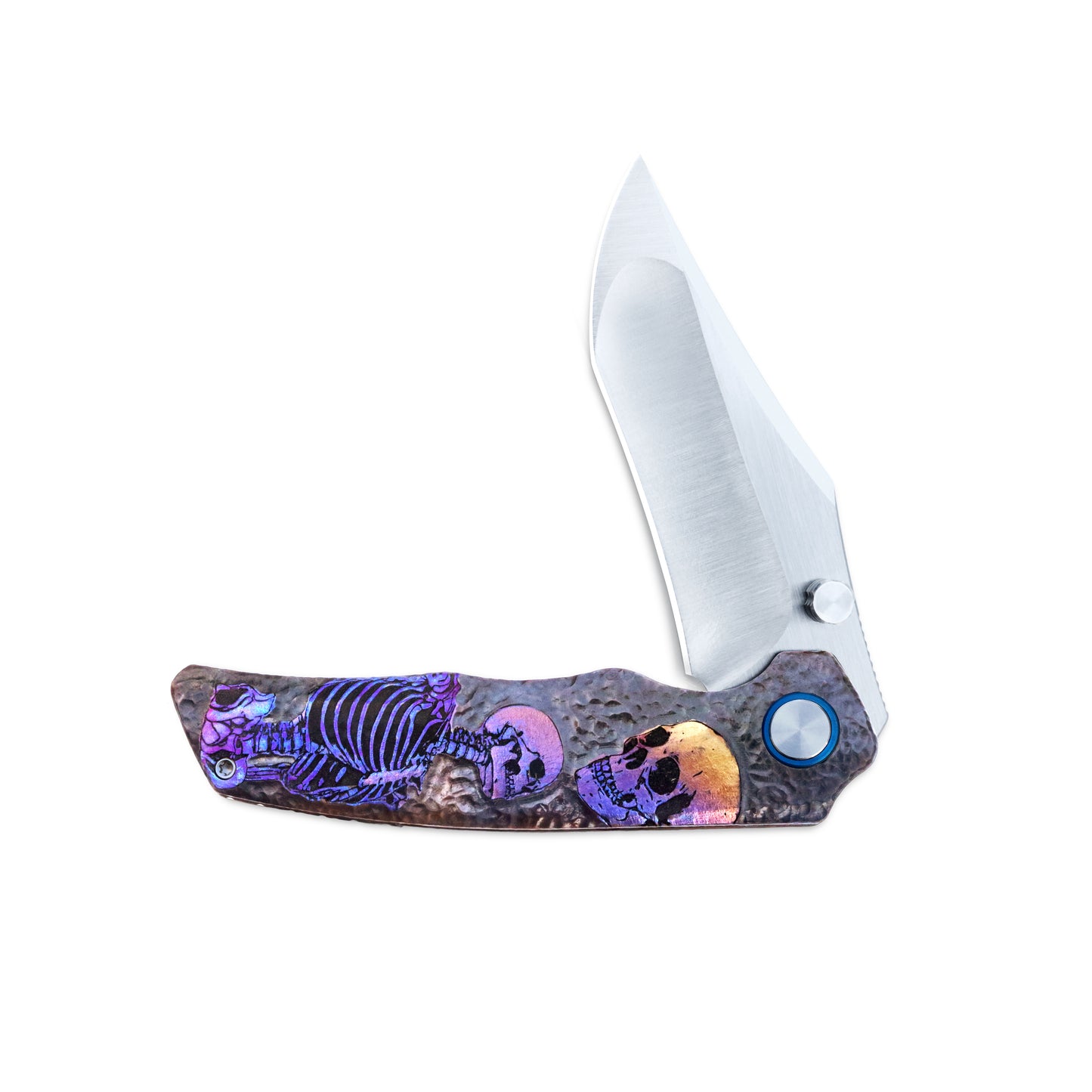 VORIXN Skull Titanium Knife half-open, non-clip side, handle shown horizontally