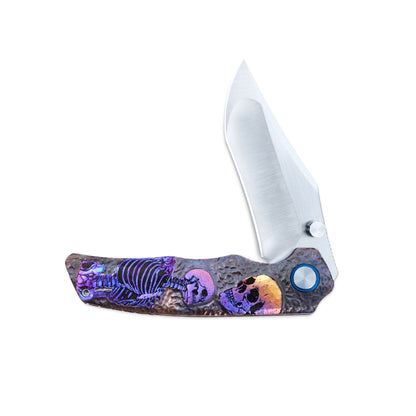 VORIXN Skull Titanium Knife half-open, non-clip side, handle shown horizontally