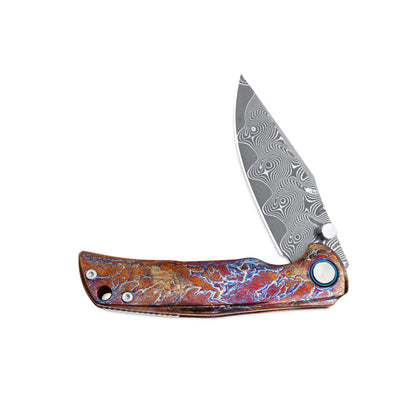 VORIXN ZircFlame KB028 knife half-open, non-clip side shown with zirconium handle positioned horizontally.