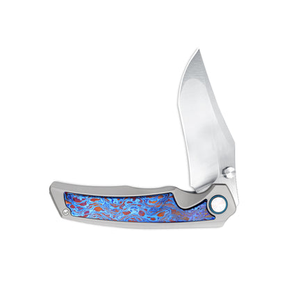 VORIXN KB036 Abyssal knife partially open on the non-clip side with the titanium flame handle shown horizontally.