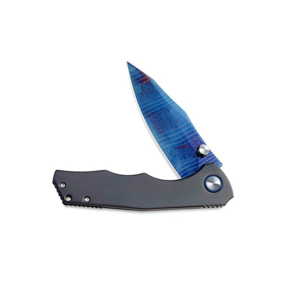 VORIXN Celestial Flame knife half-open position, non-clip side, handle held horizontally showing hinge and pivot details