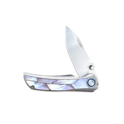VORIXN Ocean Mirage Damascus knife, half-open view, non-clip side, titanium handle with pearl inlay
