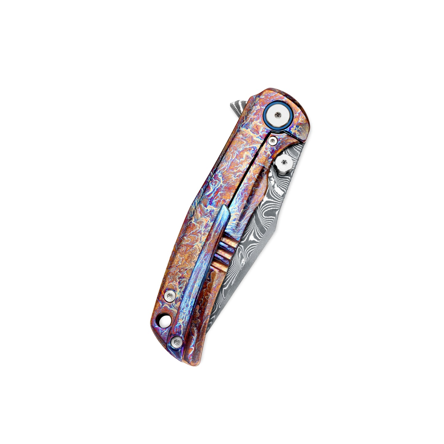 VORIXN ZircFlame KB028 closed, pocket clip side displaying zirconium handle pattern and full knife profile.