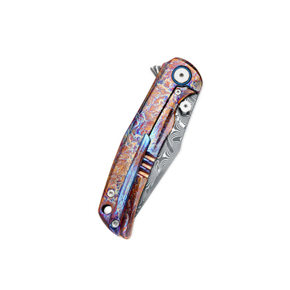 VORIXN ZircFlame KB028 closed, pocket clip side displaying zirconium handle pattern and full knife profile.