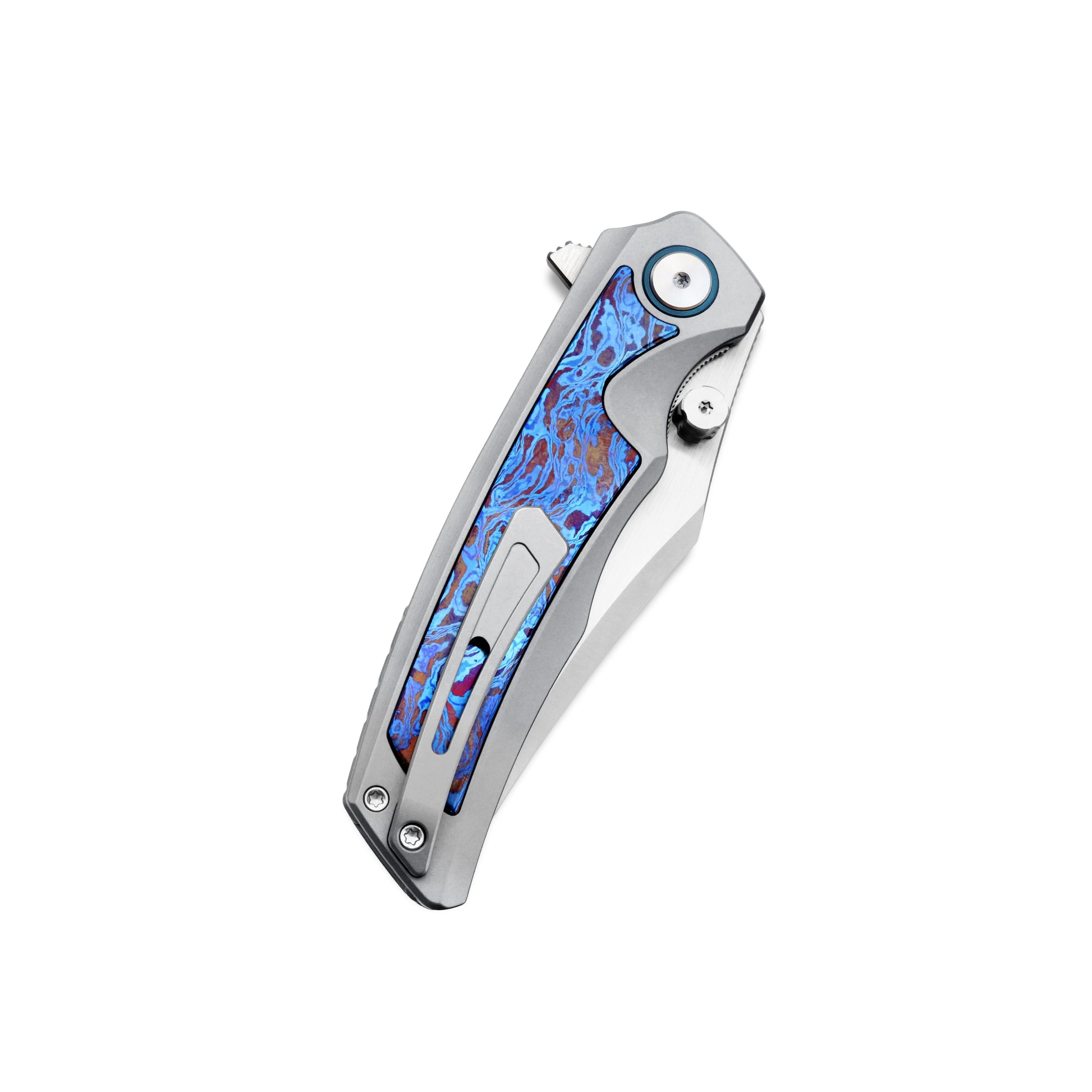VORIXN KB036 Abyssal knife closed on the clip side, showing the titanium flame handle and pocket clip.