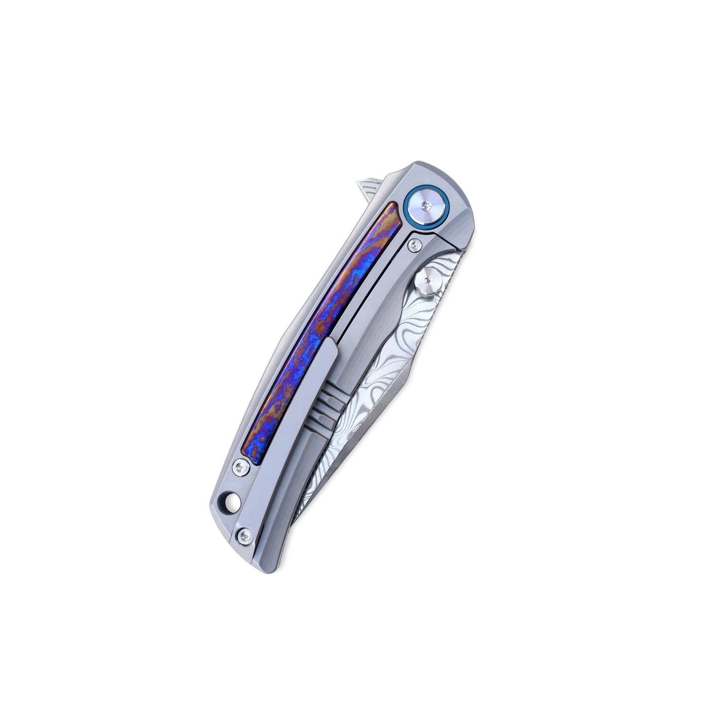 VORIXN Nebula knife closed, clip side view with titanium frame, pocket clip, and colorful zirconium inlay design.