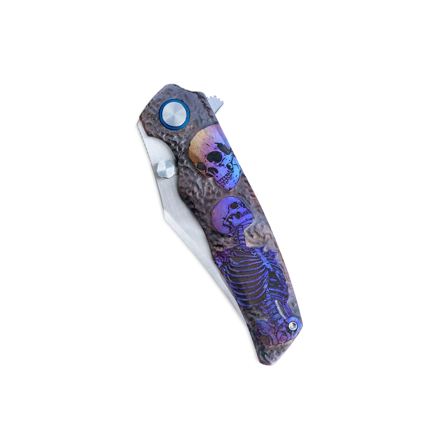 VORIXN Skull Titanium Knife closed, engraved non-clip side handle fully shown