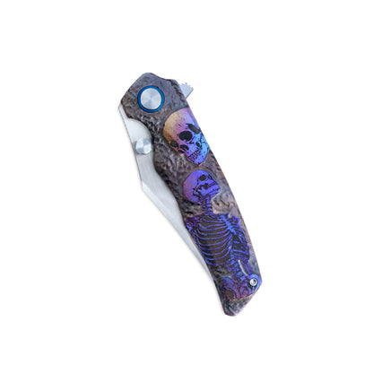 VORIXN Skull Titanium Knife closed, engraved non-clip side handle fully shown