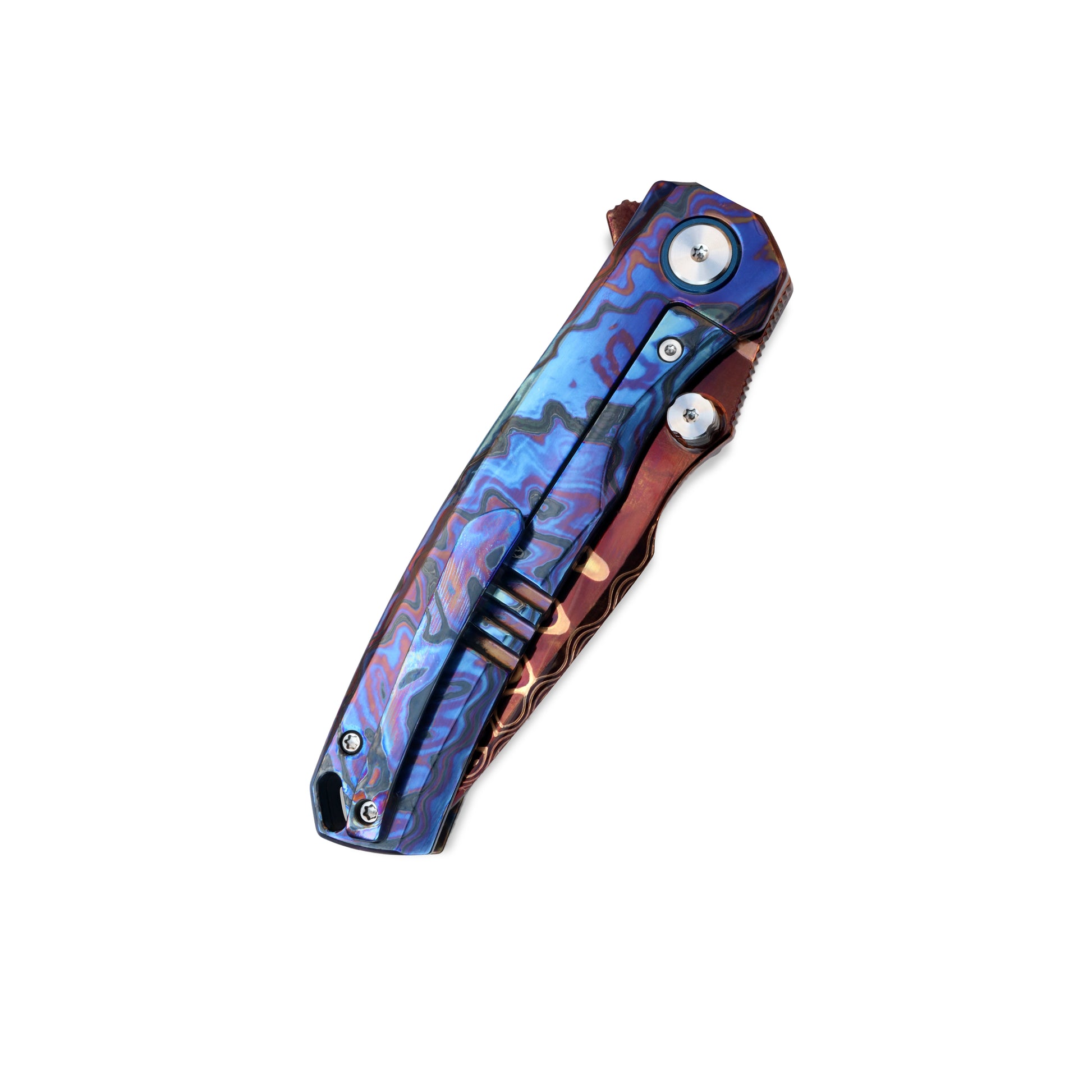 VORIXN TimsFlame folding knife closed clip side showing flame Timascus handle design