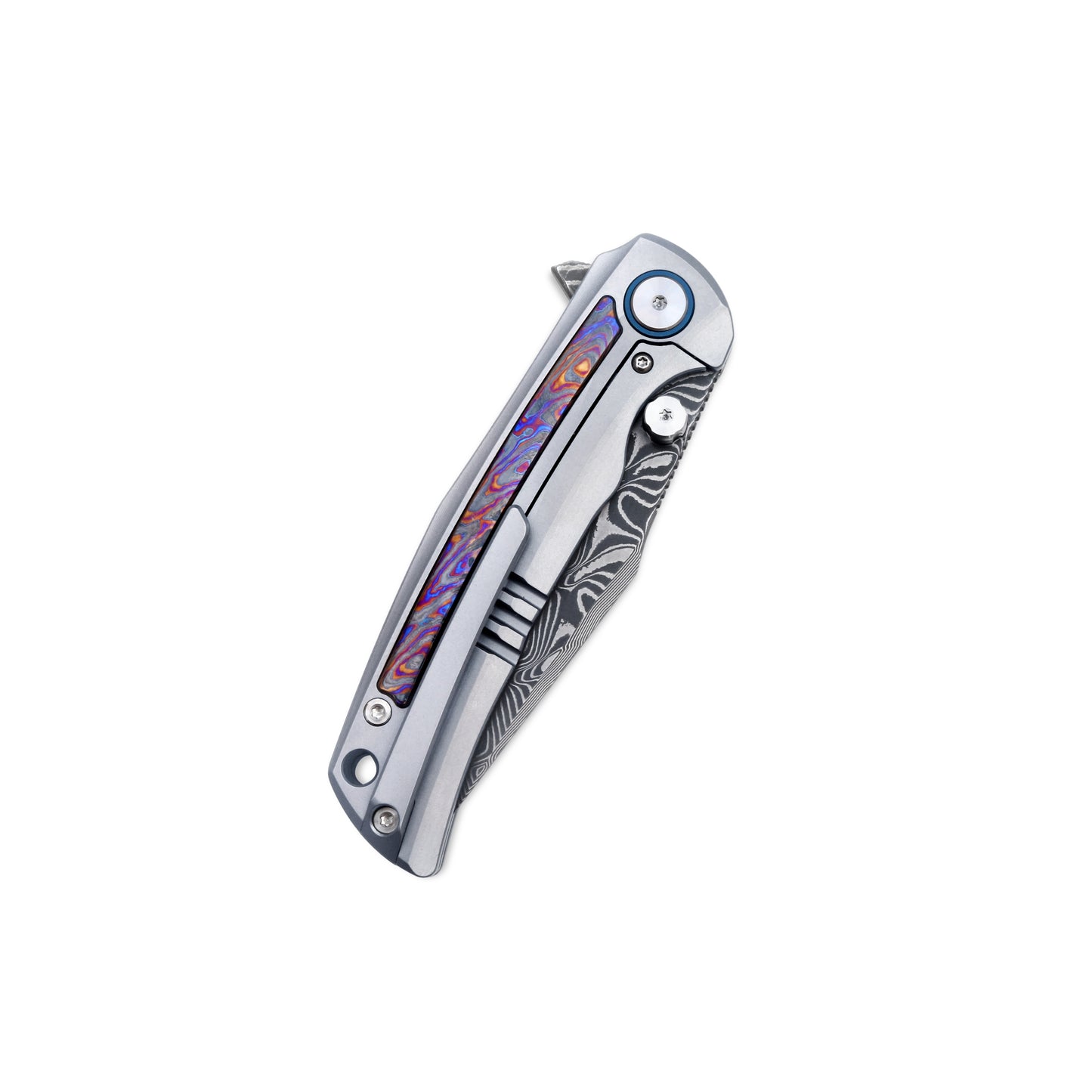 VORIXN Nebula knife closed, clip side view with titanium frame and colorful zirconium inlay artwork.