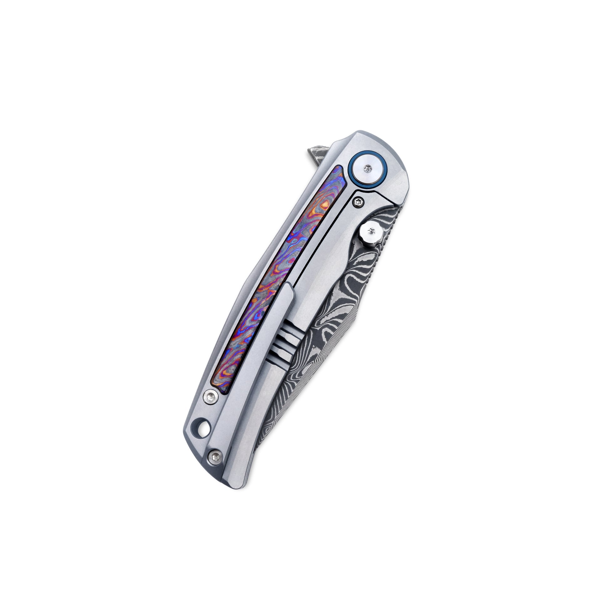 VORIXN Nebula knife closed, clip side view with titanium frame and colorful zirconium inlay artwork.