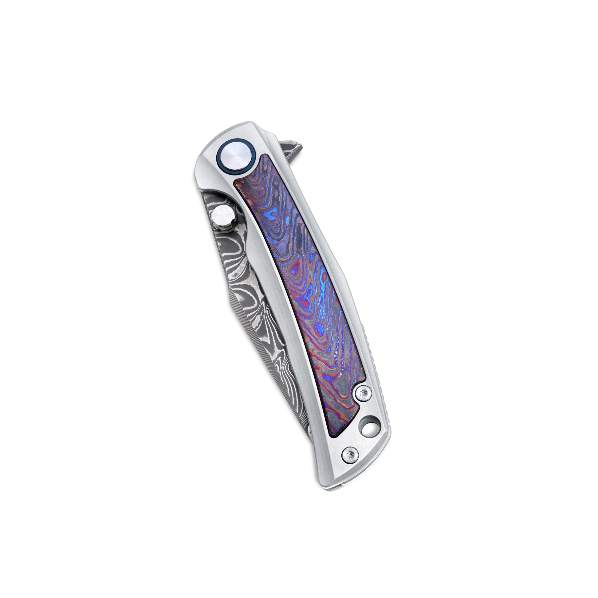 VORIXN Nebula knife closed, non-clip side showing titanium handle with flame-burned zirconium inlay pattern.
