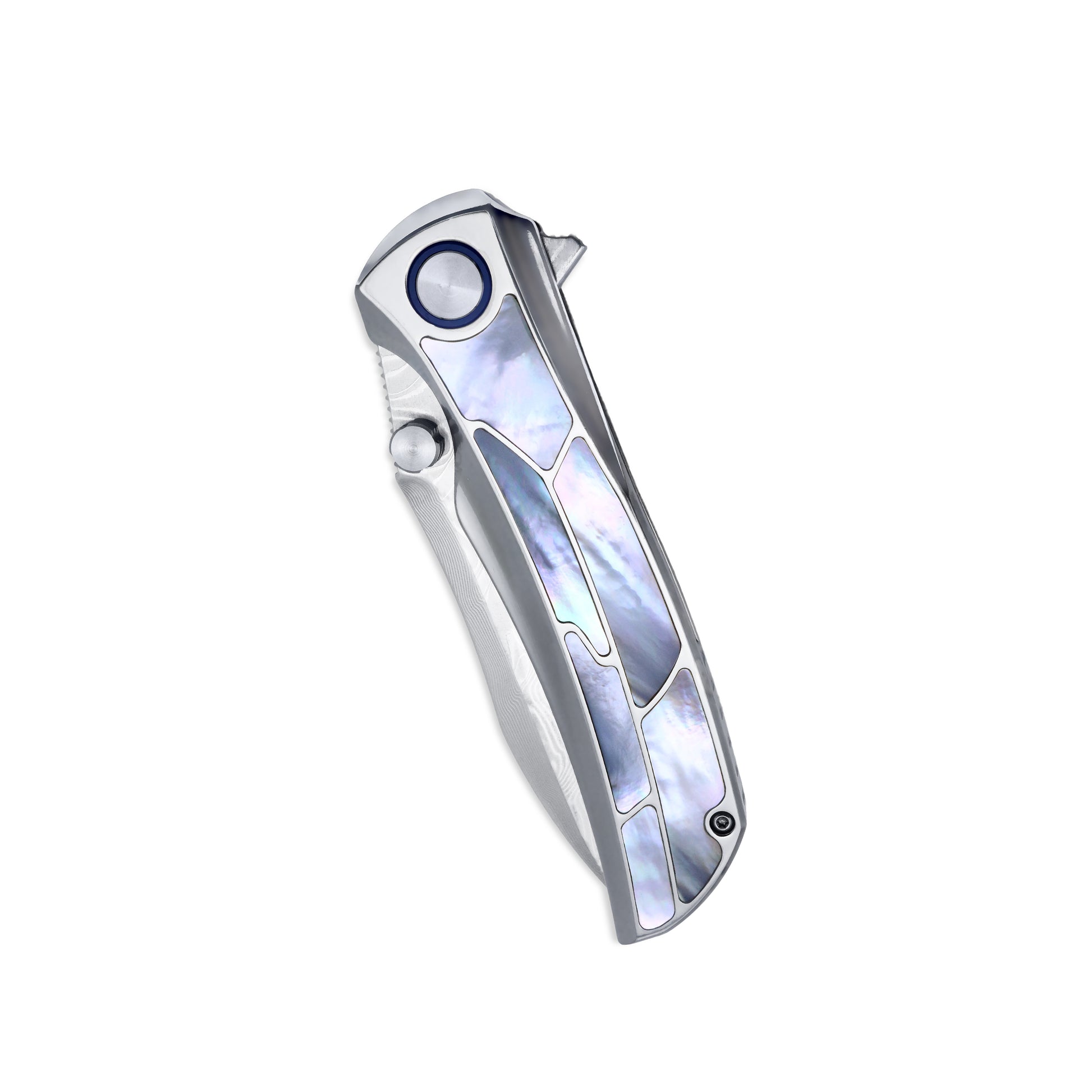 VORIXN Ocean Mirage Damascus knife, closed view showing full handle design, non-clip side