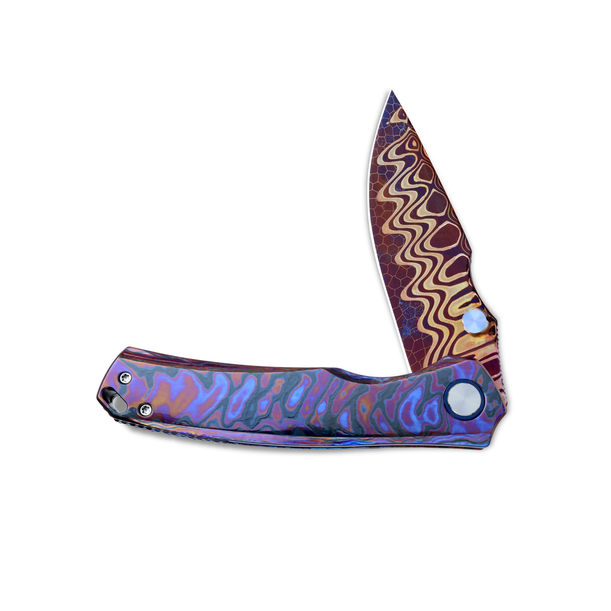 VORIXN TimsFlame folding knife half open non-clip side showing Timascus handle