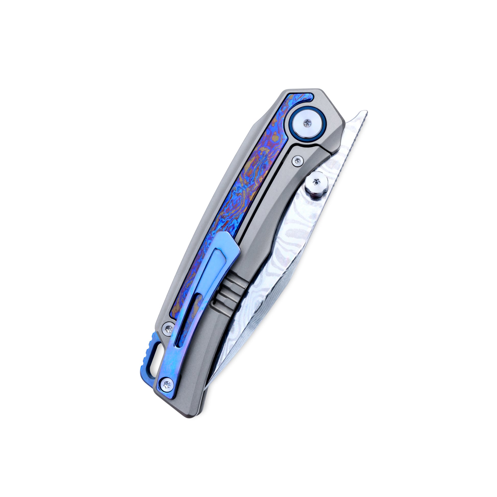 VORIXN Abyssal knife closed, pocket clip side, full view showing flamed titanium texture and premium clip design