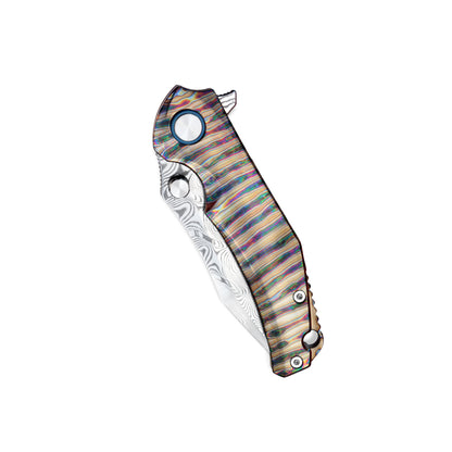 Folding knife closed, showing handle pattern and full knife, non-clip side – VORIXN KB029