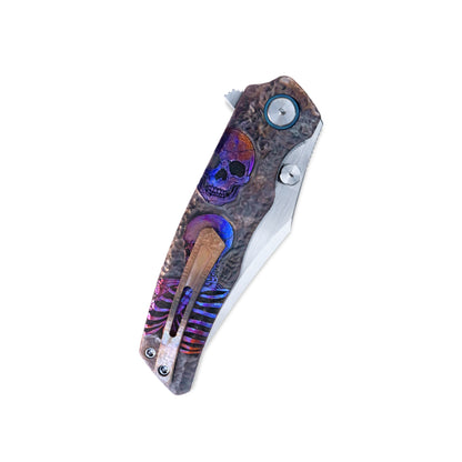 VORIXN Skull Titanium Knife closed, pocket clip side handle fully shown