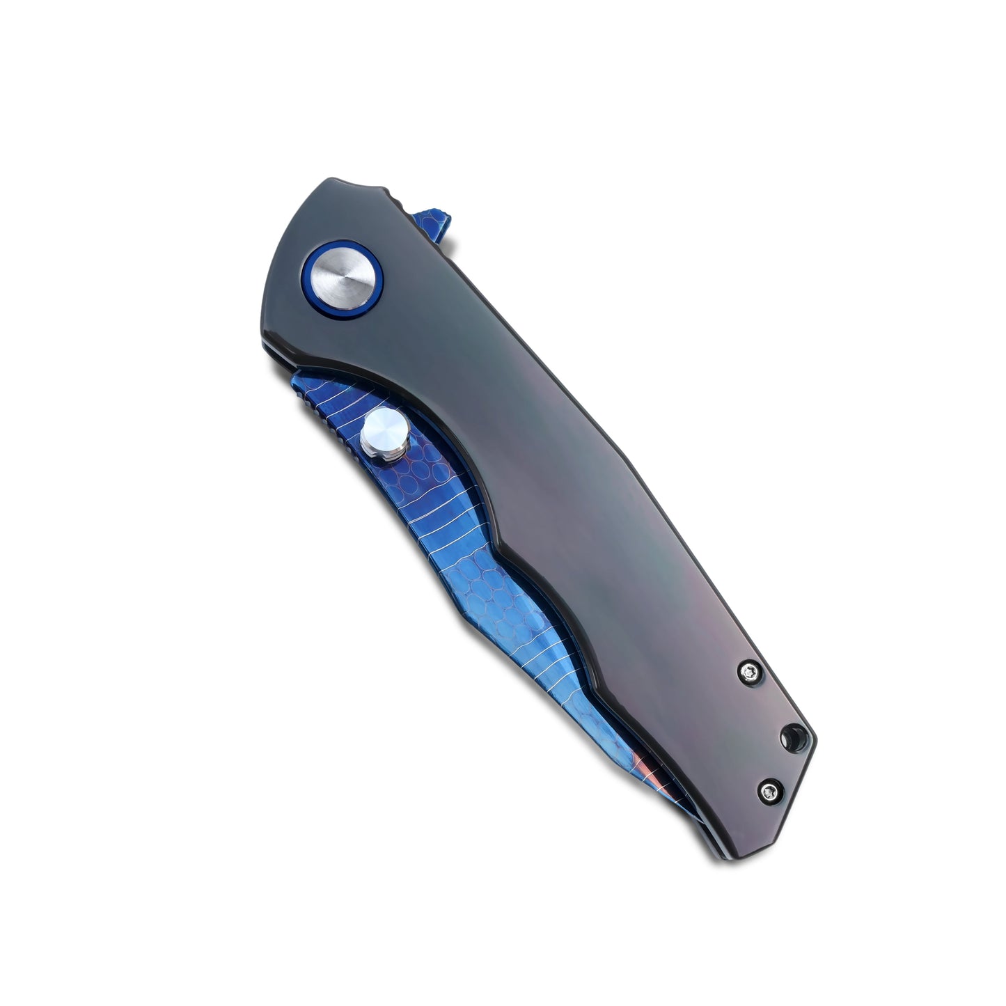 VORIXN Celestial Flame knife closed, non-clip side, full handle view highlighting the zirconium flame pattern texture