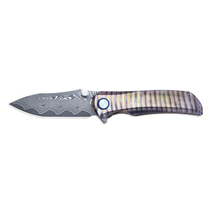 VORIXN "TitanFlame" Flipper & Thumb Stud Knife Hand-Flamed Damascus Titanium Handle (3.8" Damascus steel Blade) KB025