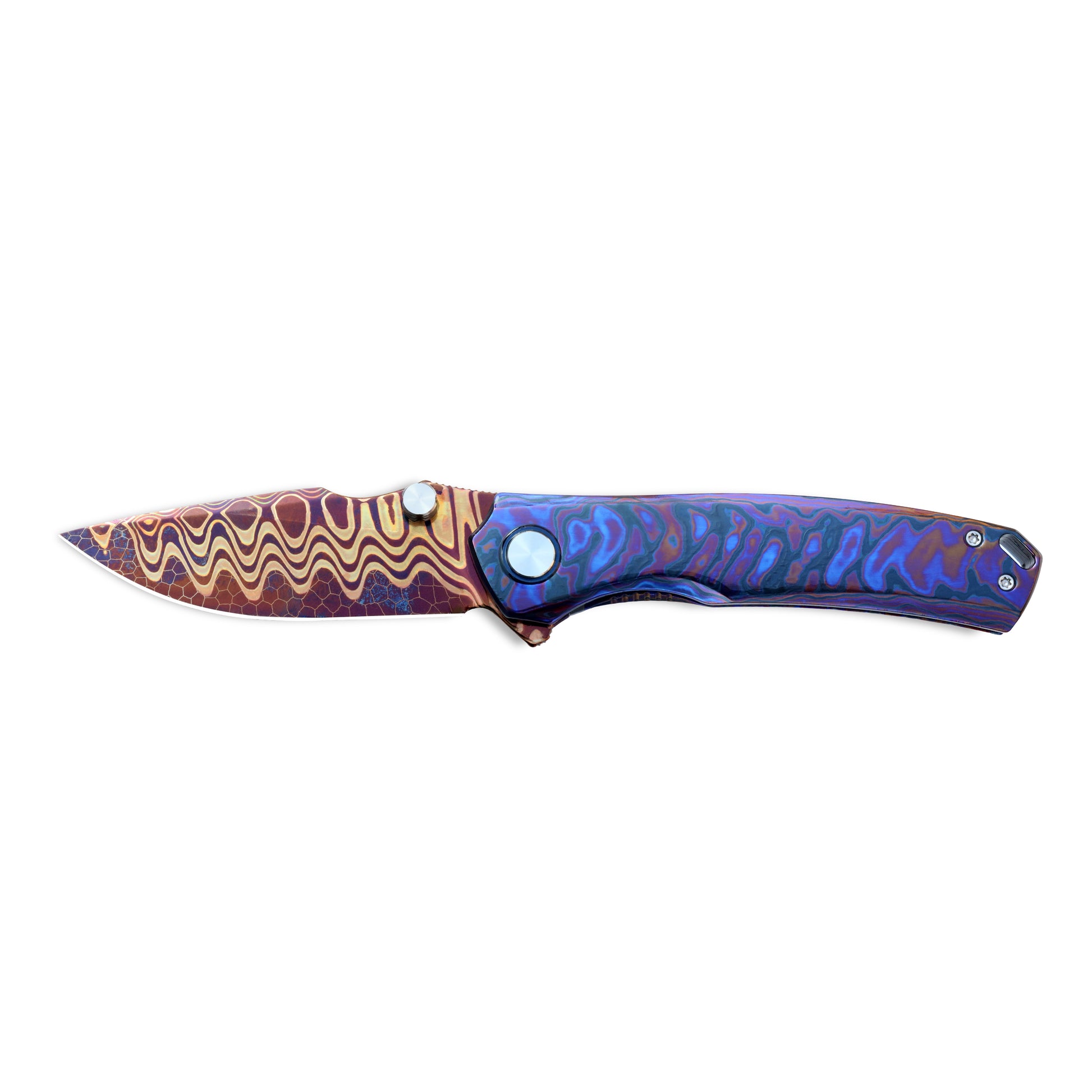 VORIXN TimsFlame folding knife open non-clip side with horizontal Damascus blade