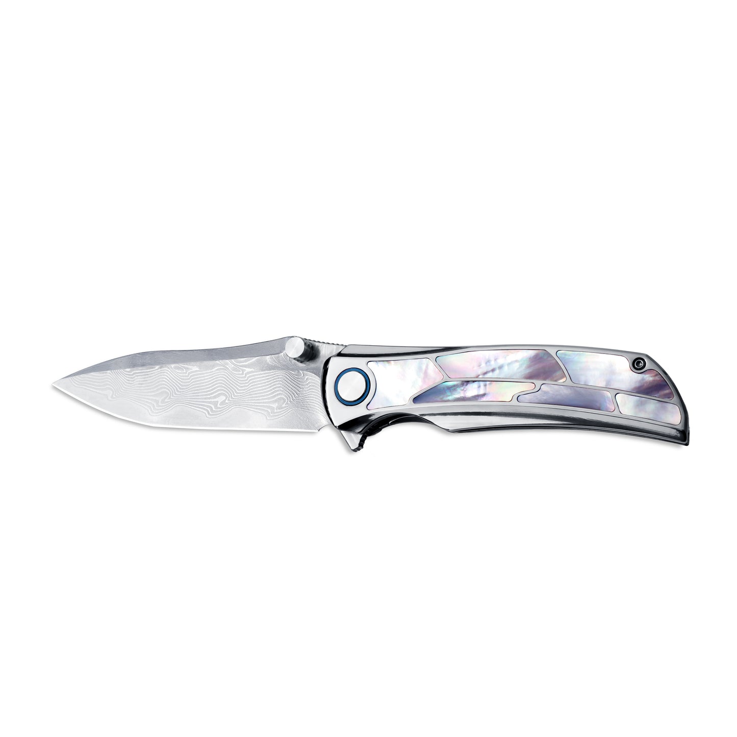VORIXN Ocean Mirage Damascus folding knife, open view with blade horizontal, non-clip side