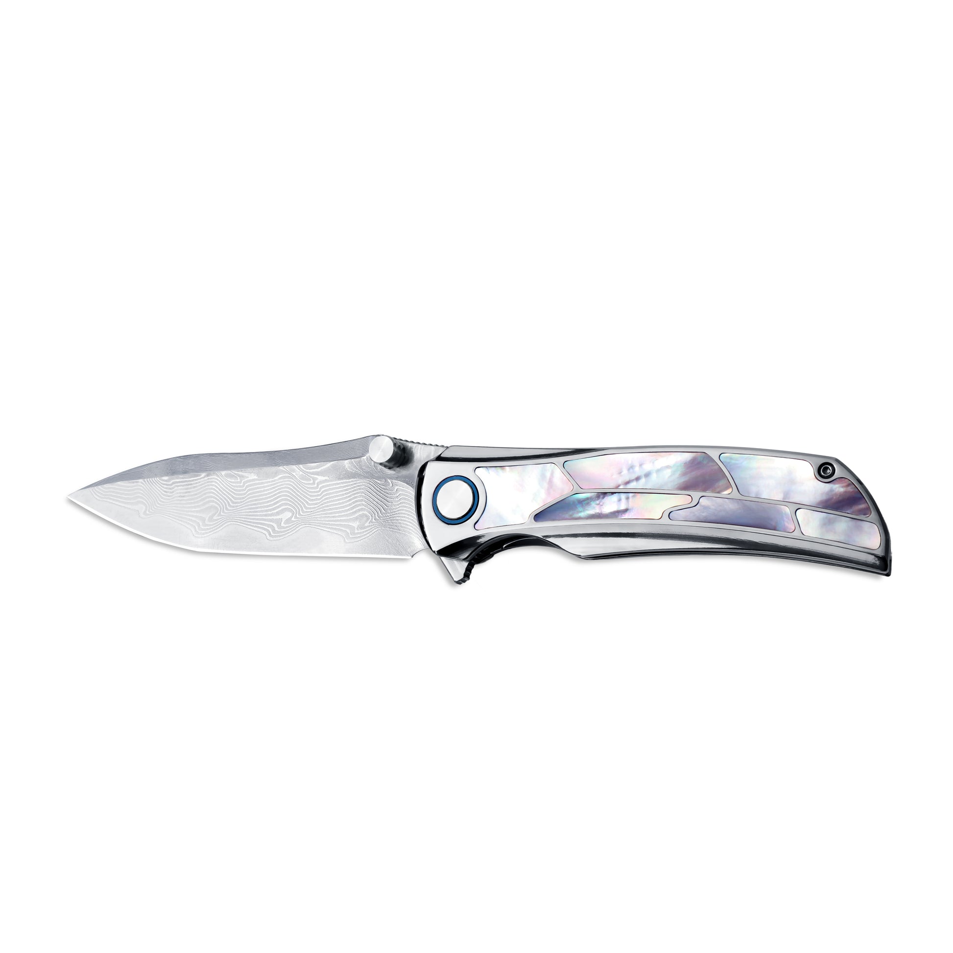 VORIXN Ocean Mirage Damascus folding knife, open view with blade horizontal, non-clip side
