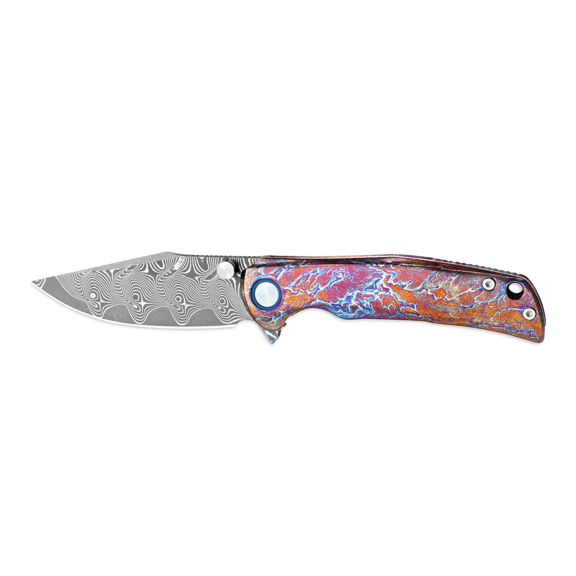 VORIXN ZircFlame KB028 folding knife fully open, non-clip side view with horizontal Damascus blade.