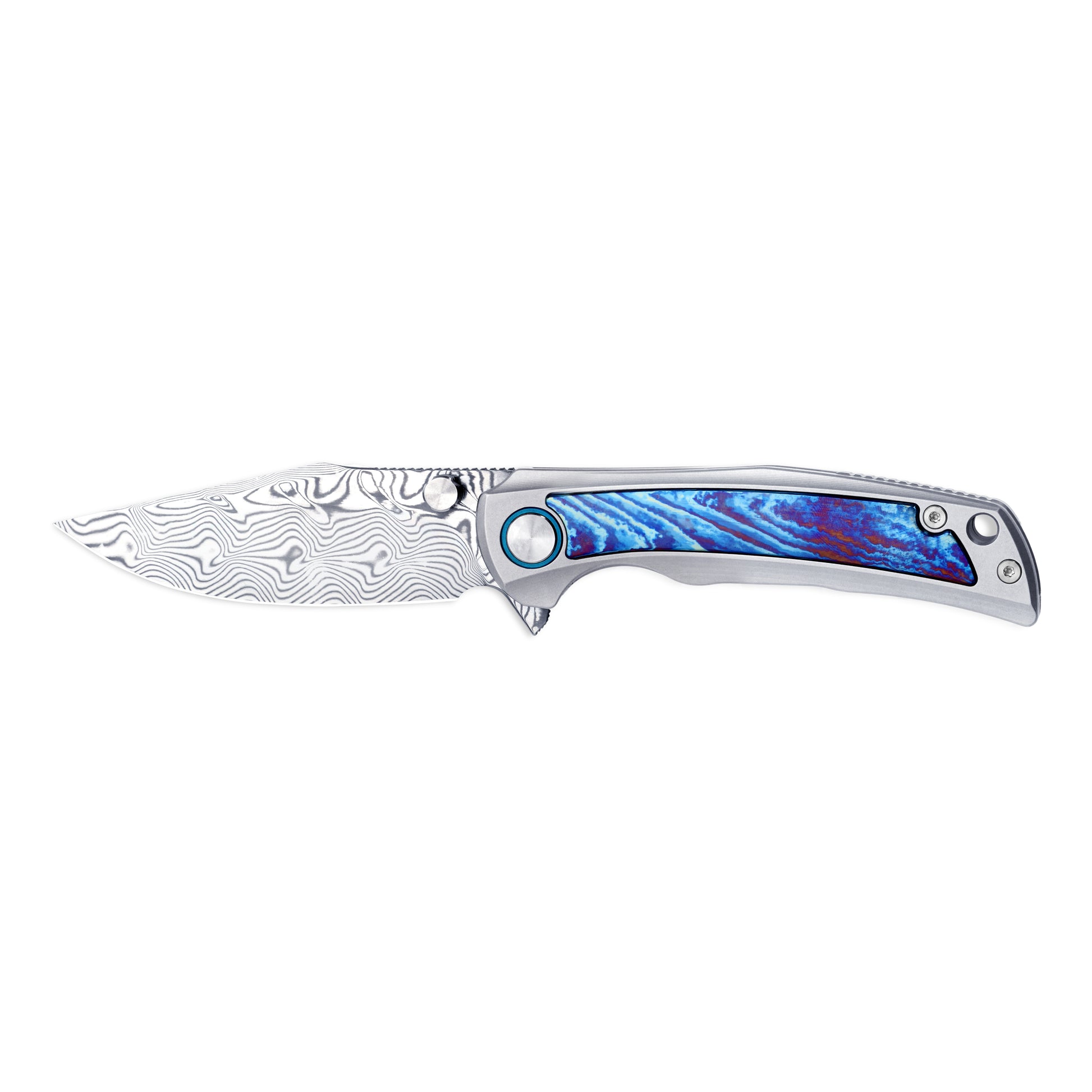 VORIXN Nebula knife half-open position, showing pivot details and titanium handle with flame-burned zirconium inlay.