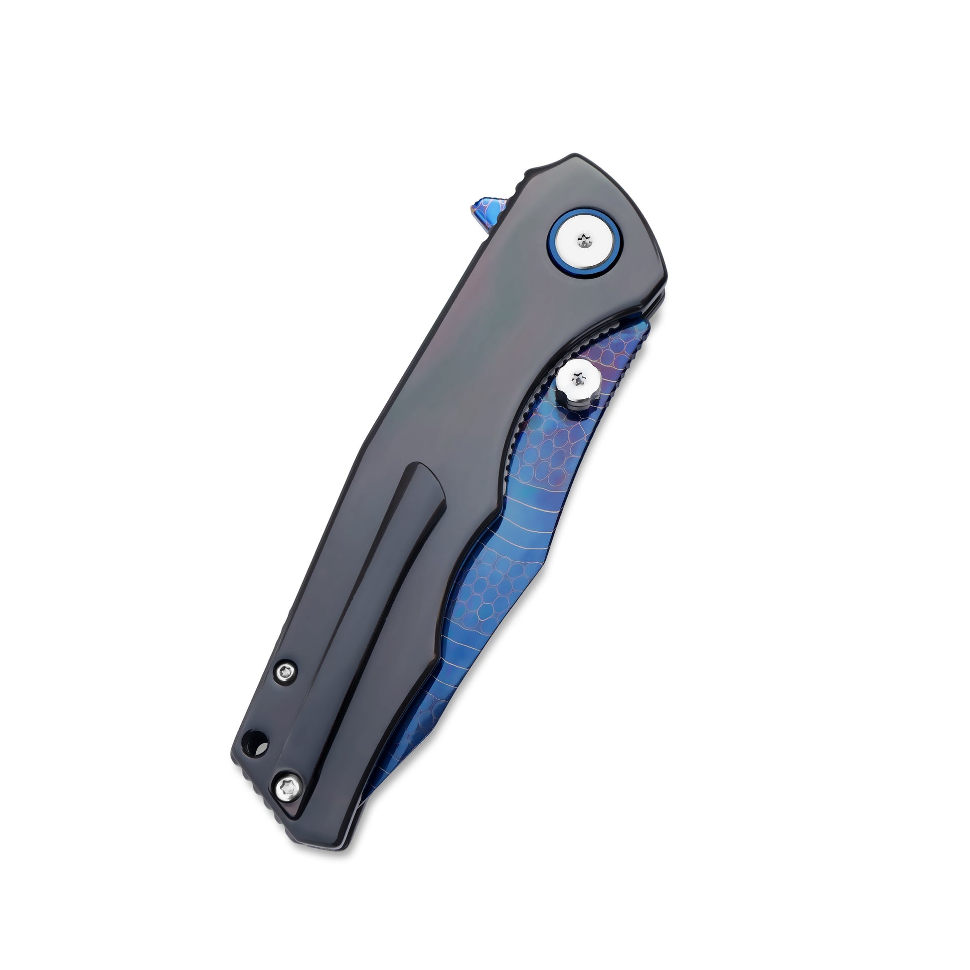 VORIXN Celestial Flame knife closed, clip side, full handle view with visible pocket clip and zirconium pattern detail